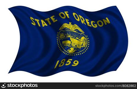 Flag of the US state of Oregon. American patriotic element. USA banner. United States of America symbol. Oregonian official flag with real detailed fabric texture wavy isolated on white, illustration
