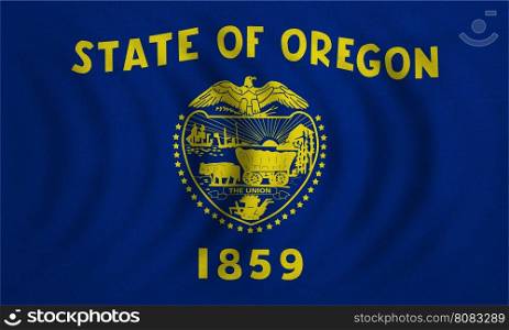 Flag of the US state of Oregon. American patriotic element. USA banner. United States of America symbol. Oregonian official flag wavy, real detailed fabric texture, illustration. Accurate size, colors