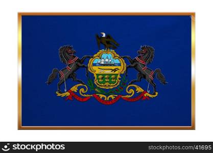 Flag of the US state of Pennsylvania. American patriotic element. USA banner. United States of America symbol. Pennsylvanian official flag, golden frame, fabric texture, illustration. Accurate colors
