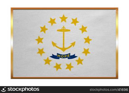 Flag of the US state of Rhode Island. American patriotic element. USA banner. United States of America symbol. Rhode Islander official flag, golden frame, fabric texture, illustration. Accurate colors