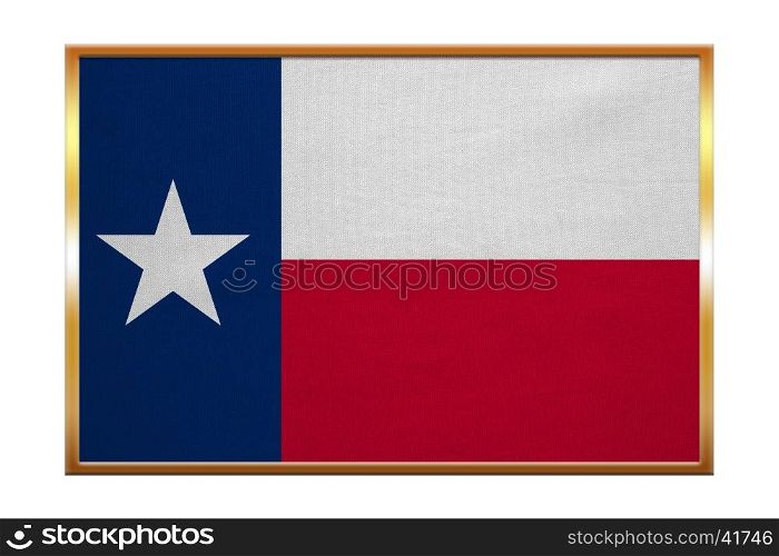 Flag of the US state of Texas. American patriotic element. USA banner. United States of America symbol. Texan official flag, golden frame, fabric texture, illustration. Accurate size, colors