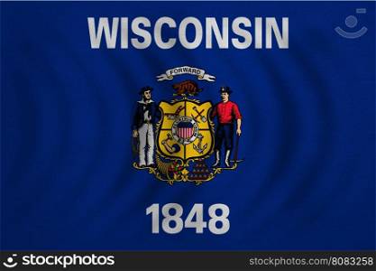 Flag of the US state of Wisconsin. American patriotic element. USA banner. United States of America symbol. Wisconsinite official flag wavy, detailed fabric texture, illustration. Accurate size, color