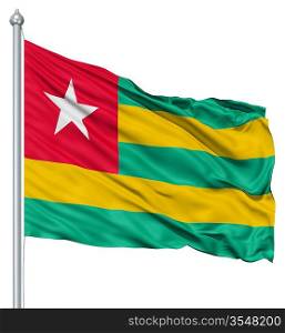 Flag of Togo with flagpole waving in the wind against white background