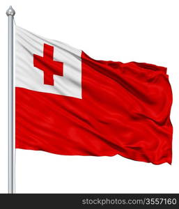 Flag of Tonga with flagpole waving in the wind against white background