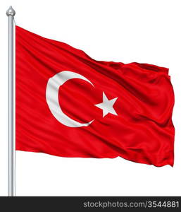 Flag of Turkey with flagpole waving in the wind against white background