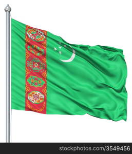 Flag of Turkmenistan with flagpole waving in the wind against white background