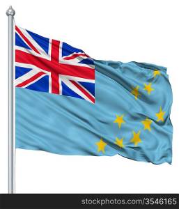 Flag of Tuvalu with flagpole waving in the wind against white background