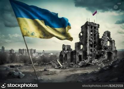 Flag of Ukraine and destroyed building. War concept. Neural network AI generated art. Flag of Ukraine and destroyed building. War concept. Neural network AI generated
