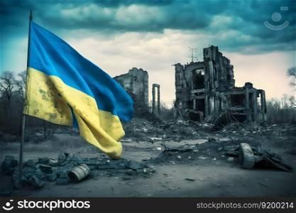 Flag of Ukraine and destroyed building. War concept. Neural network AI generated art. Flag of Ukraine and destroyed building. War concept. Neural network AI generated