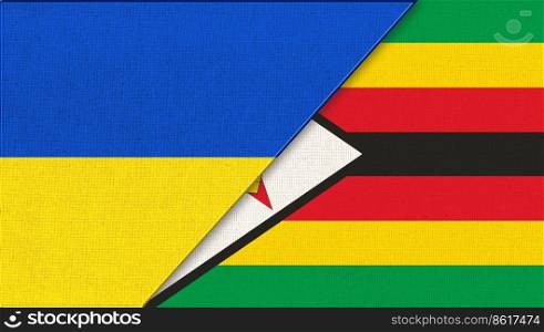 Flag of Ukraine and Zimbabwe - 3D illustration. Two Flags Together - Fabric Texture. National Symbols of Ukraine and Zimbabwe. Two Countries. Flag of Zimbabwe. flag on fabric surface. National Symbols of Ukraine and Zimbabwe. Two Countries. Flag of Zimbabwe