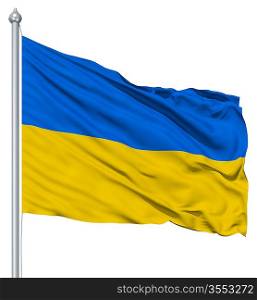Flag of Ukraine with flagpole waving in the wind against white background