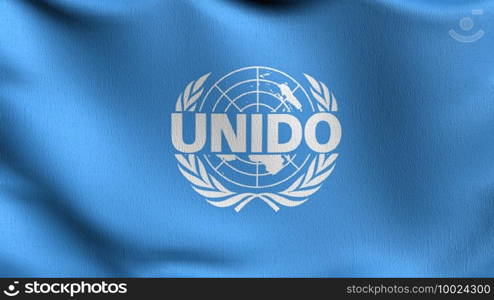 Flag of UNIDO or United Nations Industrial Development Organization. 3D rendering illustration of waving sign symbol.