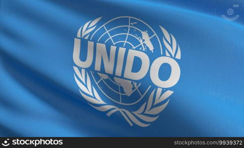 Flag of UNIDO or United Nations Industrial Development Organization. 3D rendering illustration of waving sign symbol.