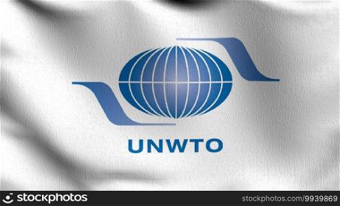 Flag of Unwto or The World Tourism Organization is the United Nations. 3D rendering illustration of waving sign symbol.