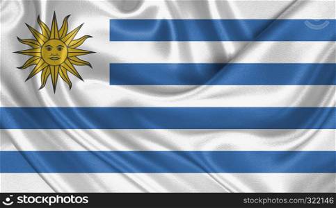 Flag of Uruguay waving in the wind with highly detailed fabric texture