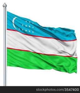 Flag of Uzbekistan with flagpole waving in the wind against white background