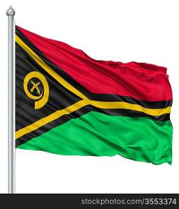 Flag of Vanuatu with flagpole waving in the wind against white background