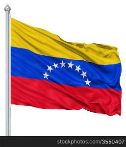 Flag of Venezuela with flagpole waving in the wind against white background