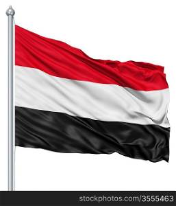 Flag of Yemen with flagpole waving in the wind against white background