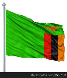 Flag of Zambia with flagpole waving in the wind against white background