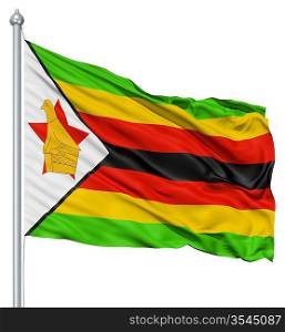 Flag of Zimbabwe with flagpole waving in the wind against white background