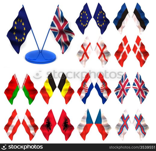 Flags. Estonia, England, Croatia, Belgium, Albania, Belarus, Austria, Iceland, Czech, Denmark, UK, united, kingdom, farrer. 3d