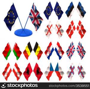 Flags. Estonia, England, Croatia, Belgium, Albania, Belarus, Austria, Iceland, Czech, Denmark, UK, united, kingdom, farrer. 3d