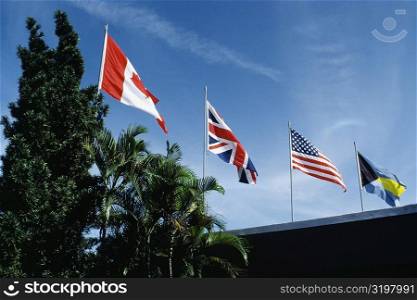 Flags fluttering due to wind on a sunny day, Freeport, Bahamas