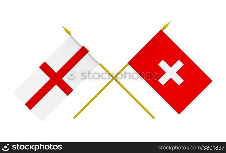 Flags of England and Switzerland, 3d render, isolated on white