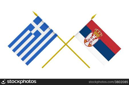 Flags of Greece and Serbia, 3d render, isolated on white