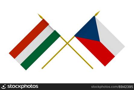 Flags of Hungary and Czech, 3d render, isolated on white