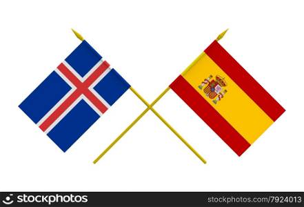 Flags of Iceland and Spain, 3d render, isolated on white