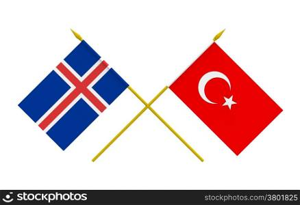Flags of Iceland and Turkey, 3d render, isolated on white