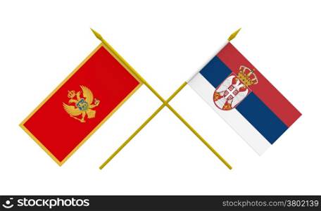 Flags of Montenegro and Serbia, 3d render, isolated on white