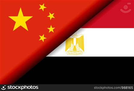 Flags of the China and Egypt divided diagonally. 3D rendering
