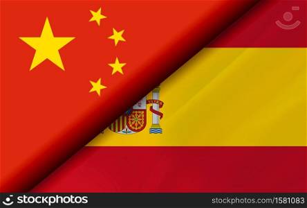 Flags of the China and Spain divided diagonally. 3D rendering