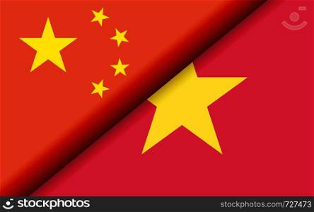 Flags of the China and Vietnam divided diagonally. 3D rendering