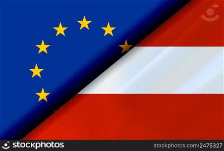 Flags of the EU and Austria divided diagonally. 3D rendering