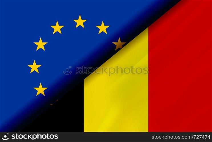 Flags of the EU and Belgium divided diagonally. 3D rendering