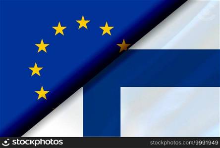 Flags of the EU and Finland divided diagonally. 3D rendering
