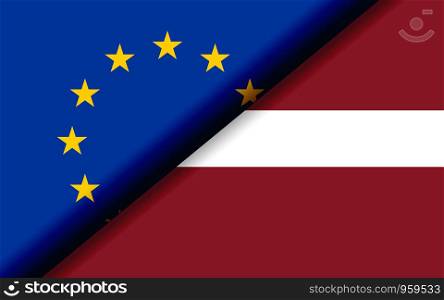 Flags of the EU and Latvia divided diagonally. 3D rendering