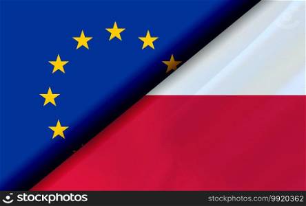 Flags of the EU and Poland divided diagonally. 3D rendering