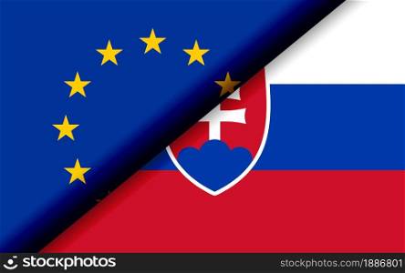 Flags of the EU and Slovakia divided diagonally. 3D rendering