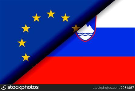 Flags of the EU and Slovenia divided diagonally. 3D rendering