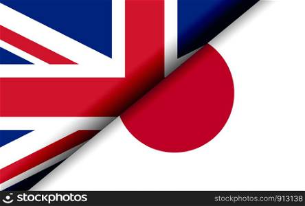 Flags of the UK and Japan divided diagonally. 3D rendering