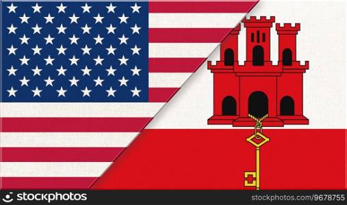 Flags of USA and Gibraltar. American and Gibraltar national flags on fabric surface. Flag of USA and Gibraltar - 3D illustration. diplomatic relations between two countries. Fabric flag of country. Flags of USA and Gibraltar. American and Gibraltar national flags