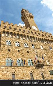 Flags on the balcony of the Palazzo Vecchio. Florence, Italy