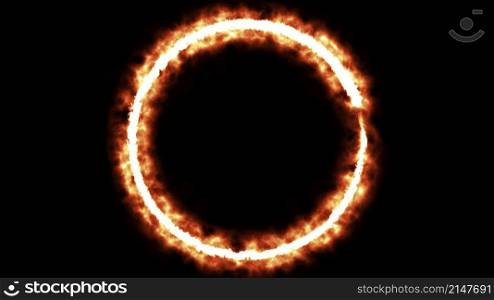 Flame circle with 3d render hot glow around perimeter. Symbol of dangerous decision and difficult trials. Bright frame for digital interior web presentation. Futuristic decor of nascent star. Flame circle with 3d render hot glow around perimeter. Symbol of dangerous decision and difficult trials. Bright frame for digital interior web presentation. Futuristic decor of nascent star.. Blazing ring of fire in space
