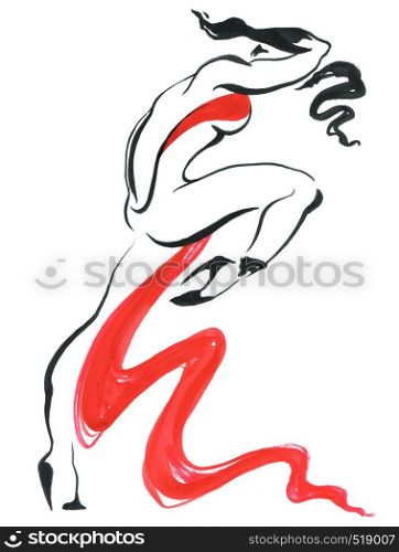 Flamenco. Beautiful Dancing Woman. Watercolor latin dancer. Ink hand painting illustration.. Flamenco. Beautiful Dancing Woman