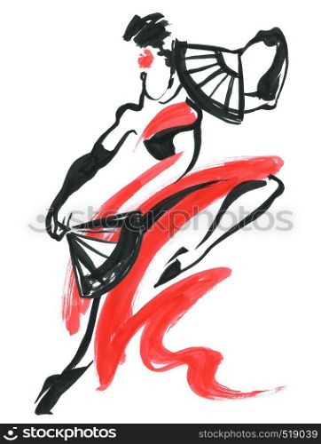 Flamenco. Beautiful Dancing Woman. Watercolor latin dancer. Ink hand painting illustration.. Flamenco. Beautiful Dancing Woman